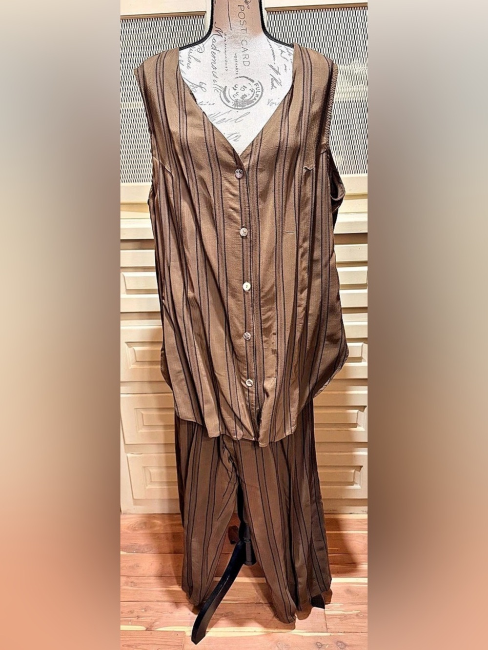 Vintage Clio II 2pc Vest Pant Set 1X Brown Pinstripe Button Front Trousers USA
